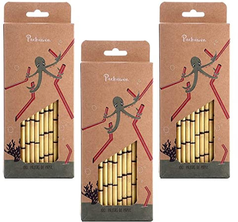 PACKAWIN | Pajitas de papel estilo Bambú / 3 Paquetes de 100 pajitas de papel kraft estilo bambú. / 100% biodegradables y reciclables. / Úsalas en tus bebidas diarias, zumos, batidos, café helado…