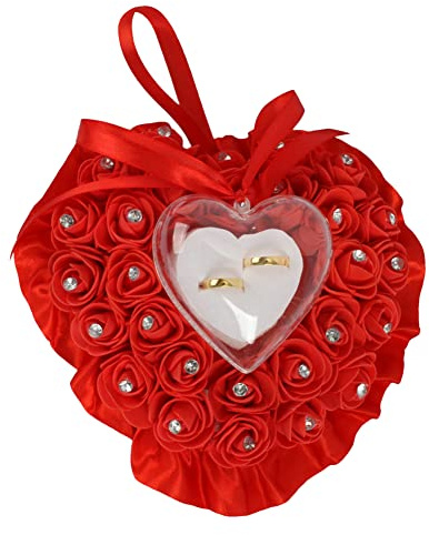 LICHENGTAI Cuscino per Fedi Nuziali Cuscino per Anelli Scatola per Anelli con Fiori di Rosa a Forma di Cuore Porta Anelli a Forma di Cuore Scatola per Fedi Nuziali per San Valentino, Matrimonio