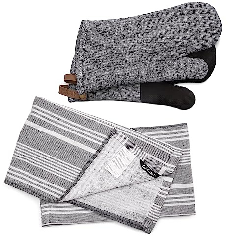Cuisinart Oven Gloves & Tea Towel Set with Grey Herringbone Neoprene Oven Gloves Set of 2 & Fouta Striped Grey Tea Towels for Kitchen Set of 2,40x70cm