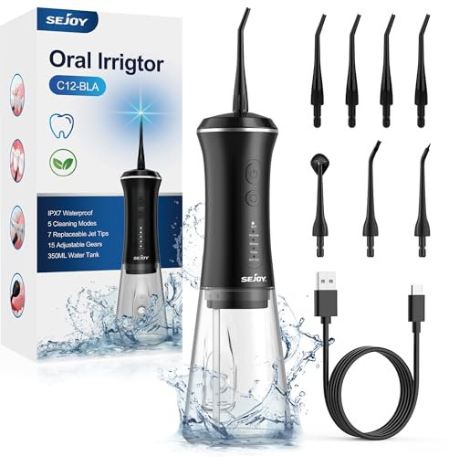 Sejoy Munddusche Kabellos Elektrischer Zahnreiniger, 2025 Zahndusche Water Flosser 5 Modi& 7 Düsen, USB-C Wiederaufladbare, IPX7 Wasserdicht, 350ML Wassertank Mund Reiniger Reisen Hause(Schwarz)