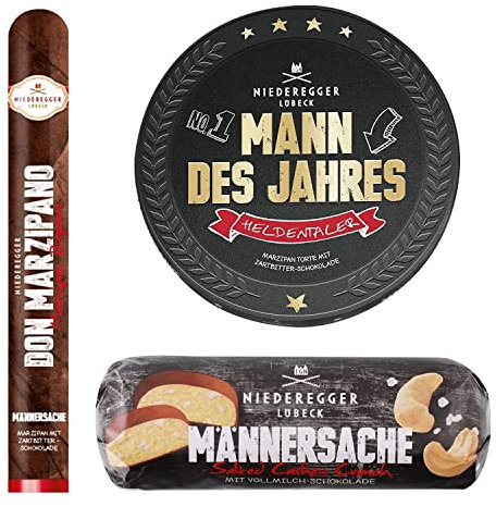 Niederegger Männersache Geschenk-Set mit Heldentaler Mann des Jahres, Marzipan Zigarre Don Marzipano und Cashewbrot (342g)