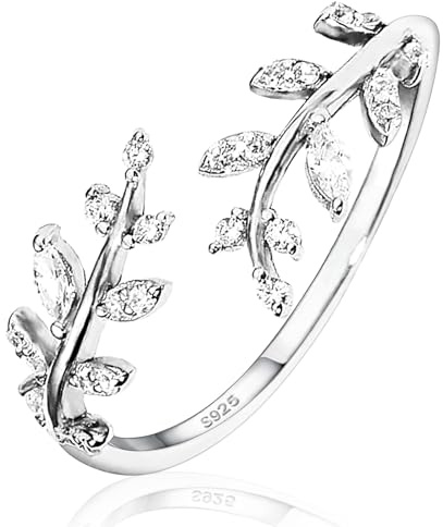925 Sterling Silver Open Rings,Adjustable Personalised Finger Wrap Around Leaves Promise Ring,Stylish Bling Rhinestones Cubic Zirconia Sterling Silver Rings Jewelry for Women Girls Chic Gifts