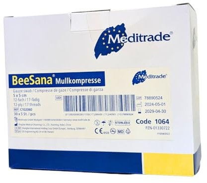 BeeSana® Mullkompresse, ohne RöKo, steril, 12-fach, 5 x 5 cm, 5 Stk | Packung (150 Stück)
