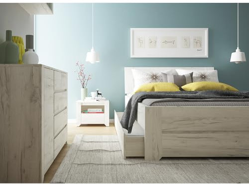 Lomadox Schlafzimmer Set 6-teilig mit Bett 140x200cm,Kommode, 2 Nachttische, 2 Bettschubladen in Craft Eiche weiß Modern