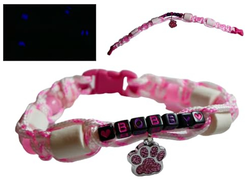 Handmade Hundehalsband Hundekette Kette Tau geflochten EM Keramik leuchtet im Dunklen Gr. XS S M L XL nach Maß mit Wunschname Glitzerpfote