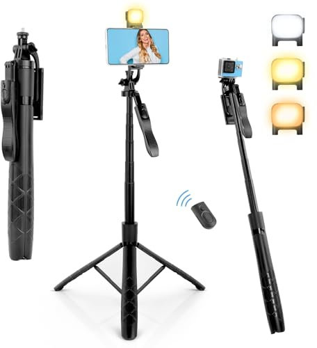 160CM Perche a Selfie UTEBIT Perche telescopique Telephone avec 1 Lumière, Selfie Stick avec Télécommande Détachable pour iPhone,Android,Gopro,Appareil Photo