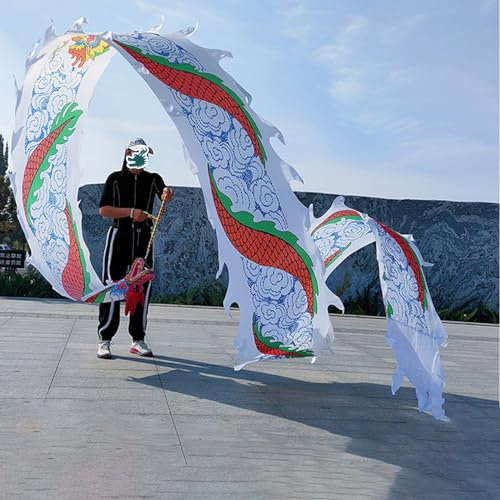 ROYUMI Jongliertücher Weißer Schleudernder Drache Poi-Jongliertänzer, Outdoor-Fitness Wulong Erwachsenenspiel, Fließender Drachenband-Streamer mit Kopf für Die Parade (Size : 6m (20ft))