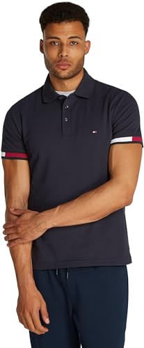 Tommy Hilfiger Herren Poloshirt Kurzarm Flag Cuff Slim Fit, Blau (Desert Sky), L