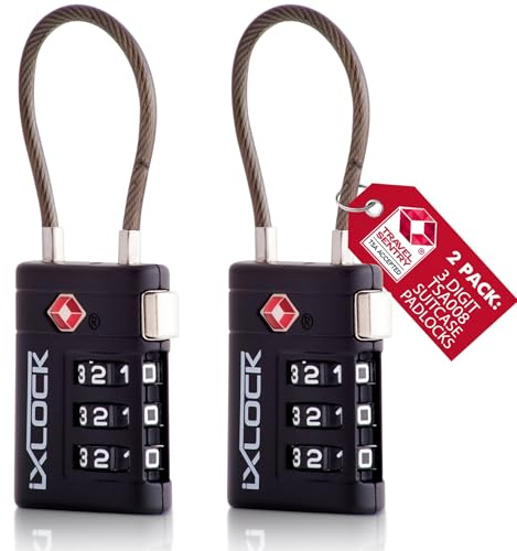 iXLOCK TSA-godkänd Kabellås (Svart 2 pack) 3-siffrig kod TSA Lås Godkänd Säkerhet Ryggsäck Hänglås Resväska, Lås, Kombinationslås med Kabel resväska lås, Gymskåp, Hänglås