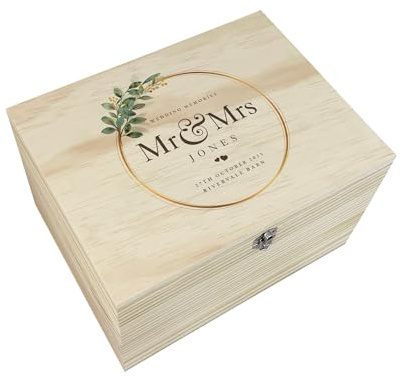 Personalised Wooden Wreath Wedding Keepsake Memory Box | Custom Couple Gift | Personalised Message, Surname, Date & Venue | Perfect Wedding Day Gift | Gold Wreath & Leaf Design | W36 x D27 x H20cm