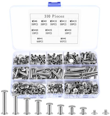 310 Pcs Chicago Screws, M5 Chicago Binding Screws Posts, Leather Rivets Kit, Book Binding Rivets Posts, Metal Flat Cross Head Screw Rivets for Belt Bags Harness Purse Dog Lead Bookbinding Screws
