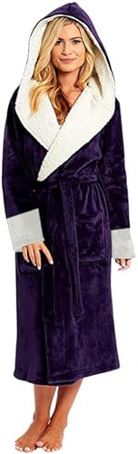 Fleece-Bademantel für Damen, langer Bademantel mit Kapuze und Taschen und Gürtel, Winter-Bademantel, warmer Bademantel, einfarbig, Fleece, bequem, Loungewear, Schlafmantel, Schlafjacke, Cardigan, PP1,