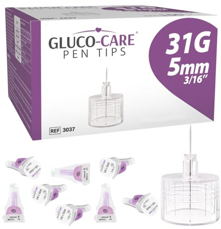 GLUCO-CARE Stiftspitzen, 31 G x 5 mm, ultrafein, Twist-On-Design, 100 Stück | Universelle Passform, dünnwandiges Design, individuell versiegelt, konsistente Leistung, kompaktes Design