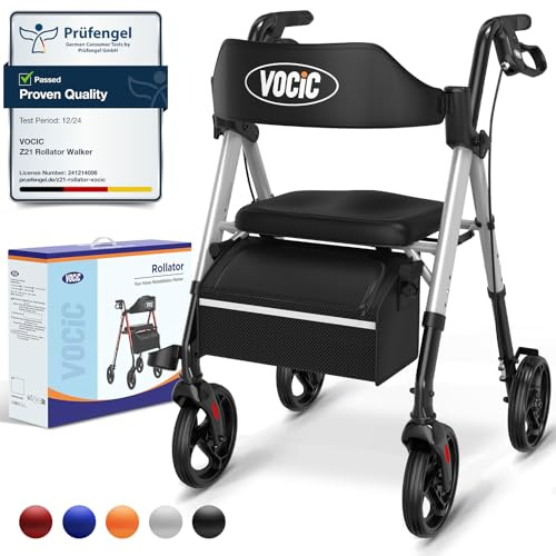 VOCIC Rollator Walker with Seat, Brakes, Bag, Foldable Walking Aid, Adjustable Height, Lightweight Walker for Disabled, 20cm/8'' Wheels for All Terrain, 5 Year Support,Silver