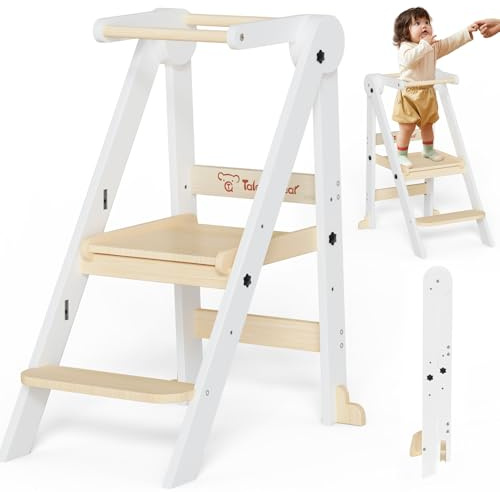 Foldable Toddler Kitchen Stool Helper, Toddler Standing Tower with 3 Adjustable Heights, Collapsible Wooden Step Stool for Kitchen & Bathroom, Montessori Learning Helper Tower for Toddlers Aged 1-6