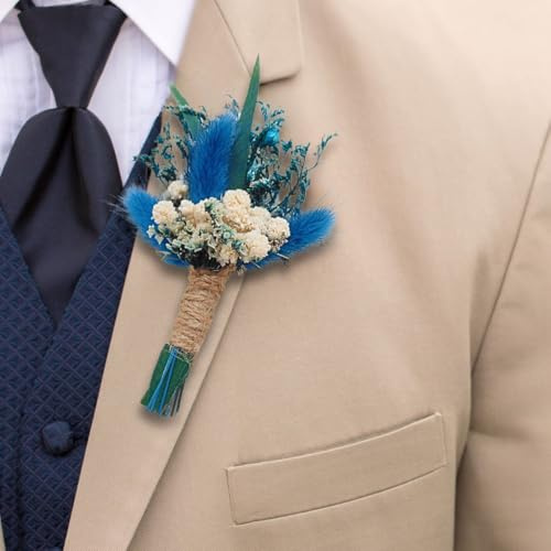 Boutonnière Mariage Homme Bleu Fleurs séchées et préservées - Petit Bouquet sur Support magnétique aimanté - Corsage marié témoins Broche Demoiselle d'honneur (Bleu)