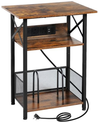 AMHANCIBLE Record Player Stand with Charging Station, 3-Tier Bedside Table with Extra-Large Desktop and Storage Cabinet, Vinyl Record Stand Hold Up to 100 Albums for Living Room, Brown HETCD012BR-1