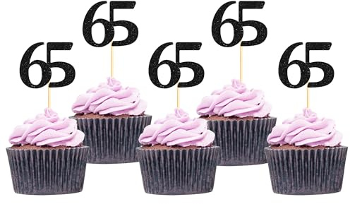 Sotpot 30pack Happy 65th Cupcake Toppers Black Glitter Cake Decorations for 65th Birthday Wedding Anniversary Party Supplies