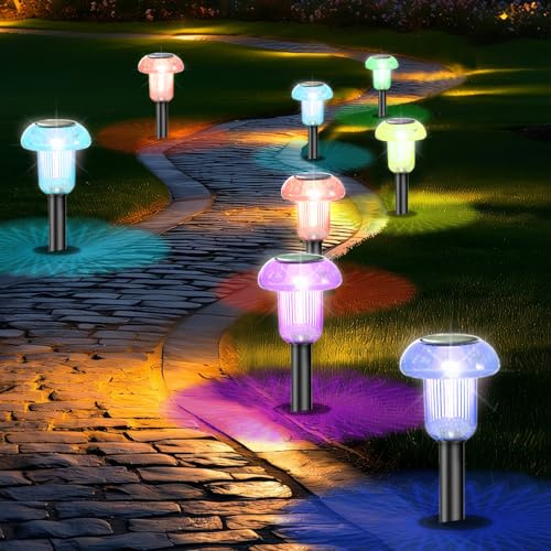 hixyer Mushroom Solar Lights Outdoor Garden 8 Pack, Color Changing Solar Pathway Lights Waterproof Up to 12 Hours Cute LED Landscape Lighting for Garden Yard Ground Lawn Walkway Outside Decor