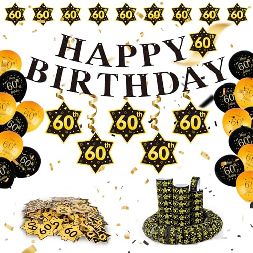 WenmthG 60 Geburtstag Deko Männer Frauen, 60. Geburtstag Deko mit Girlande, Luftballons, Luftschlangen, Banner, Konfetti - 60. Geburtstagsdeko Happy Birthday - Schwarz Gold