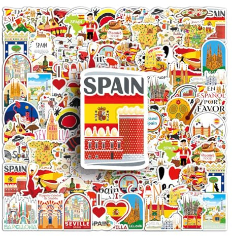 50 Stück Spanien Aufkleber, Spanien Urlaub Reise Aufkleber, Scrapbooking-Aufkleber, Wasserdichte Koffer Sticker für Scrapbooking, Wasserflasche, Gepäck, Skateboard, Gitarre, Laptop