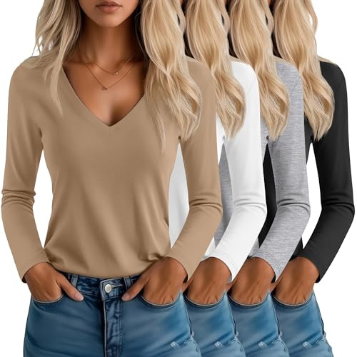 Neer 4 Pcs Women's V Neck T-Shirts Long Sleeve Relaxed Fit Tops | Casual Going Out Shirts, Straight Hem Plain Base Soft Layer, Women Fall Winter Fashion Clothes, Daily Wear Versatile