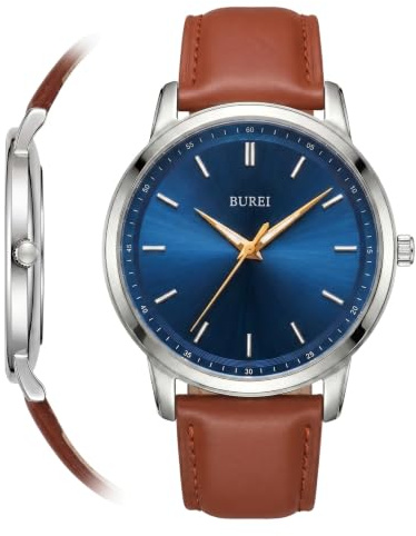 BUREI Orologi da polso da uomo alla moda, minimalisti, in pelle marrone, analogico, con cassa sottile, design relojes para Hombres, Blu Marrone Scuro, Alla moda, classico, multifunzionale, facile da