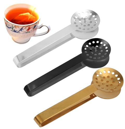 lasuroa 3 Pz Pinze per Spremitura Bustine di Tè, Cucchiaini in Acciaio Inossidabile Fermagli per Bustine di Tè Pratici Accessori (Nero, Oro, Argento)