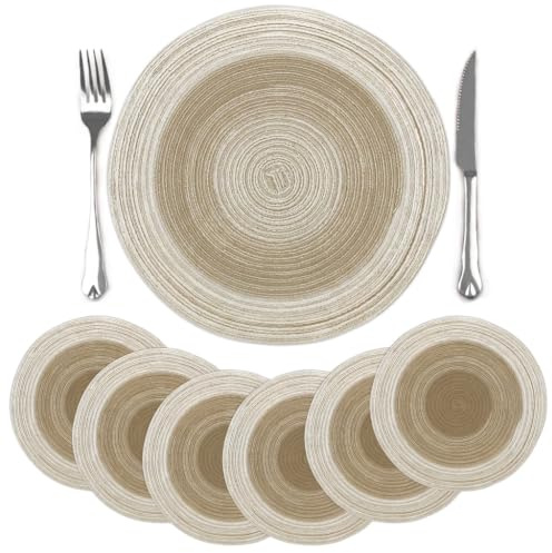 comfoyar Set di 6 Tovagliette Americane Marrone Sfumato Rotondo Intrecciato, Antiscivolo in Cotone Poliestere Tovagliette Americane lavabili per Cucina Decorazione, Tavola di Feste e Pranzi 38x38cm | Tovagliette singole lavabili e resistenti al calore, design a spirale, per cucina e sala da pranzo, decorazione, 38 cm