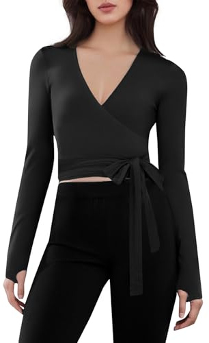 Edhomenn Dam långärmad omlott topp djup V-hals smal passform tumhålsblus damer framsida slips kors wrap t-shirt yoga balett pilates träningstopp, 01svart, M