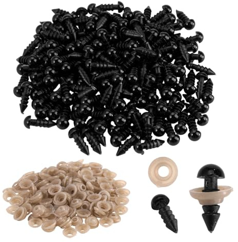 EXIN DEHCEN 200 Stück 6mm Sicherheitsaugen für Häkeltiere | Schwarz Puppenaugen Häkel mit Unterlegscheiben, Kunststoff Knopfaugen für Häkeltiere Puppe Plüschtier Basteln, Knopfaugen