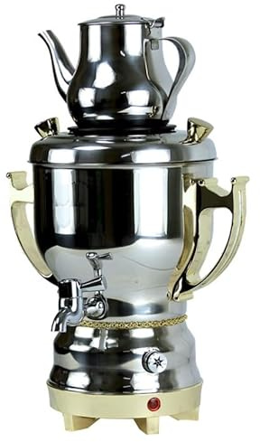 Electric Stainless Steel And Gold Persian Russian Turkish Arabic 4.5 Liter Samovar With Kettle 32oz Tea Maker Water Teapot 110V 1300W Auto Shut Off, Keep Warm