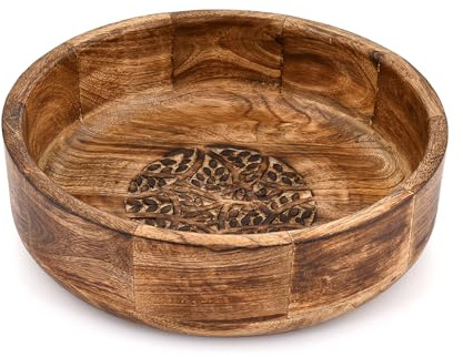 ARAMBH Cuenco de madera de mango antiguo para servir ensaladas, aperitivos, pan y decoración del hogar, elegante pieza central para cualquier habitación (25,4 cm x 25,4 cm x 7,62 cm)