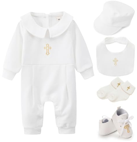 Bemonew Baby Boy Christening Outfit Baptism Outfits for Boys Soft Cotton Baptism Boy Outfit with Hat, Bib, Socks, Shoes Long Sleeve Christening White Suit 80cm