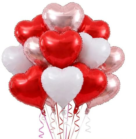 Gleemix Herz Folienballon 15 Stück, 18 Zoll Herzluftballons, Herz Luftballon Rote Weiß Roségold, Deko Hochzeit luftballons, Helium Balloon Herzen, für Hochzeit Brautparty Muttertag Valentinstag