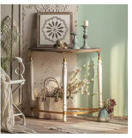 YPIOUREN Tavolo Consolle Retrò A Mezzaluna In Legno E Ferro, Tavolo Consolle A Mezzaluna, Tavolo Decorativo Semicircolare For Divano, For Ingresso, Corridoio, Soggiorno, Giardino(White)