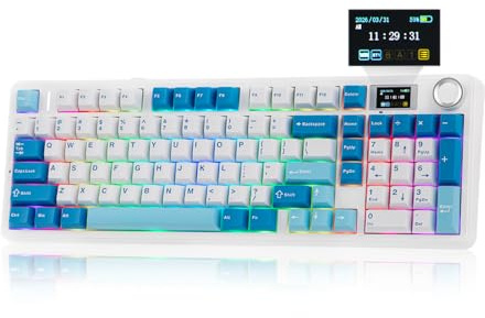 EPOMAKER Aula F99 MAX Teclado Mecánico Inalámbrico con Pantalla & Perilla | 8000mAh, Sonido Cremoso, 2.4Ghz/BT, Switch Prelubricado, Intercambiable en Caliente, RGB, Software Personalizable,Blanco Azul