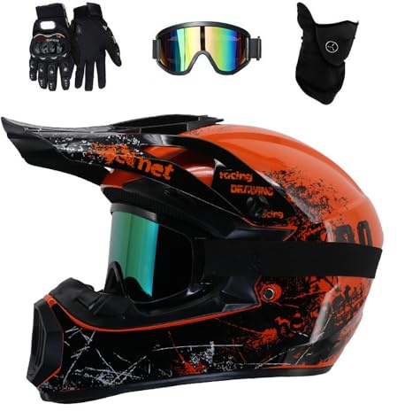 Dual Sport MTB Motocross Helmet, with Goggles Gloves Mask, Unisex Youth Full Face Off Road ATV Scooter Motorbike Helmet, Downhill Enduro Racing BMX Dirt Bike Crash Helmets
