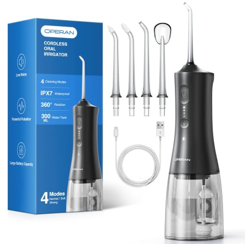 Operan Water Dental Flosser for Teeth Cordless, 300ML Rechargeable Oral Irrigator with 4 Modes, Water Flossers for Adults, IPX7 Waterproof, Use at Home/Travel,Graphite Black,1 Pack + 4 Nozzles