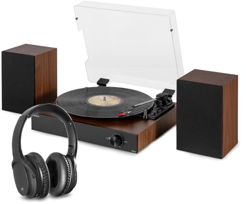 Audizio RP325W Bluetooth Record Player System with Wireless ANC Headphones, Built-in Amplifier & Bookshelf Speakers, Retro Wood Turntable, Vinyl & Bluetooth Streaming, Integrated Home Audio Kit