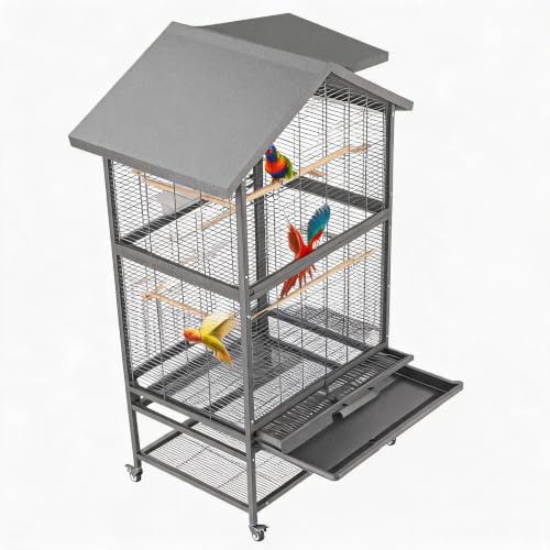 ApothCasa Large Bird Flight Cage, Double Parrot Cage with Rolling Stand | Double doors, 4 perches & 4 bowls. For parrots, cockatiels & budgies.4 lockable casters, pull-out tray, storage shelf.