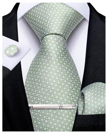 DiBanGu Herrenkrawatte, einfarbig, Seide, gewebt, gestreift, kariert, Krawatte, Taschentuch, Manschettenknöpfe, Krawattenklammer, Set, formelle Arbeit, Hochzeit, Kariert, Salbeigrün, M