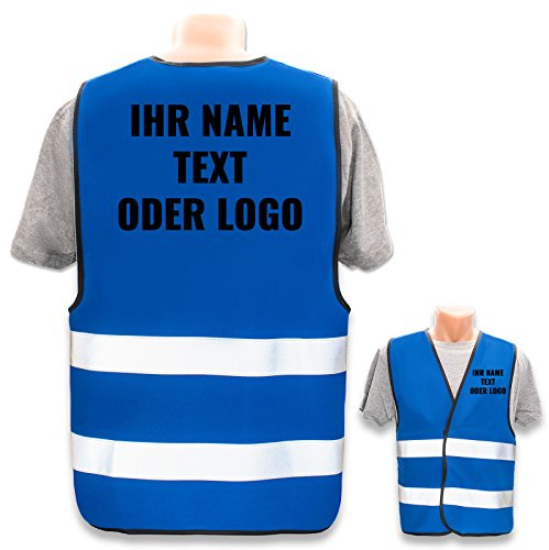 Hochwertige Warnweste direkt selber gestalten * eigener Aufdruck mit Text Logos Grafiken Designs, Position & Druckart:Rücken + Front/Premium-Druck, Farbe & Größe:Blau/Größe M/L