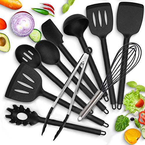 Modrad Juego de utensilios de cocina de silicona, 10 unidades, resistente al calor, antiadherente, color negro, con espátula, cucharón, espumadera