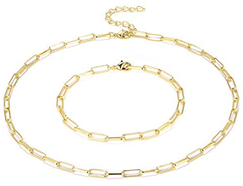 14K Gold Plated Paperclip Chain Layered Choker Necklace Bracelet Set Women