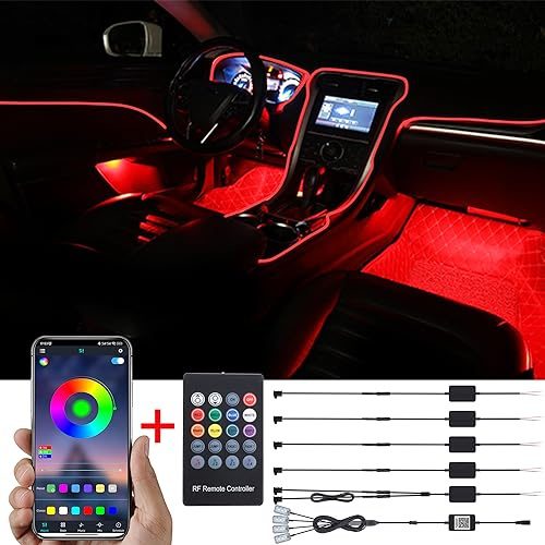 TABEN Car Ambient Light Kit, 8 Meters Integrated Fiber Optic Multicoloured Footwell Atmosphere Lighting Music Sync Sound Active Memory Function Remote Control and Bluetooth APP Control 12V-24V
