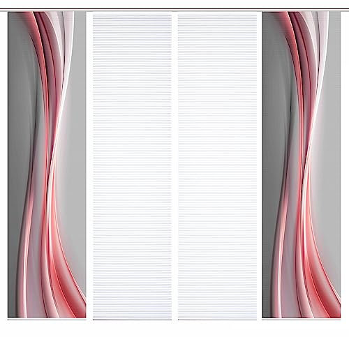 HOME in green 84070 ELANIA Schiebegardine aus recyceltem Polyester, halbtransparent, Farbe:rot, Größe:245 x 60 cm, Anzahl:4er-Set (2X Motiv. 2X Uni)