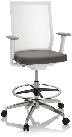 hjh OFFICE 657667 Arbeitsstuhl Aspen Work W Stoff Weiß/Grau ergonomischer Counterstuhl mit Ring-Fußstütze, Netzrücken