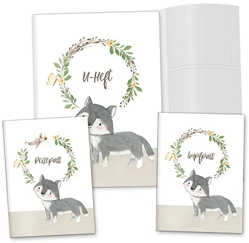 OLGS U-Hefthülle Komplett-Set 3-teilig mit Impfpasshülle & Reisepasshülle | Organizer für Untersuchungsheft, Impfpass, Reiseunterlagen für Babys und Kinder (Ohne Personalisierung, Wolf)