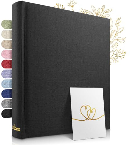 ZEITLOOS® Fotoalbum zum Selbstgestalten - edles Leinen - 600 Fotos Schwarz | Wunderschönes Design mit schützenden Trennblättern - Fotobuch zum Einkleben 31x32cm - 100 Seiten - Hochzeitsalbum & Geschenk